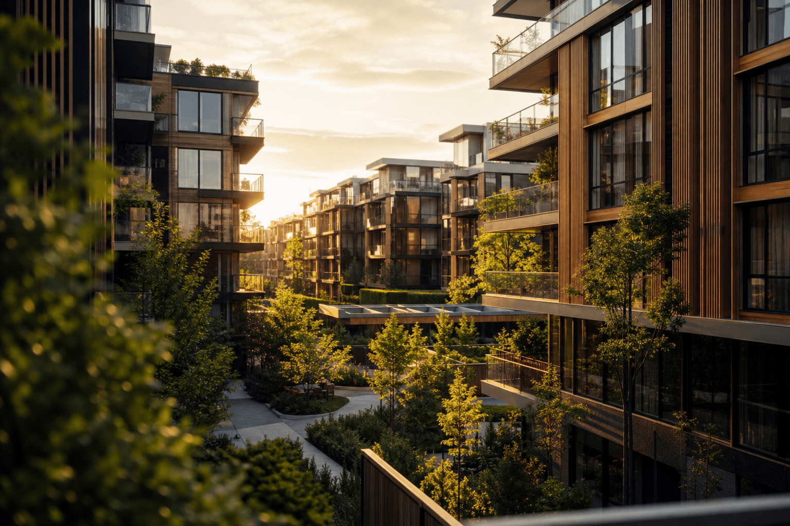 Modernes Wohnquartier in Holzbauweise mit Balkonen, eingebettet in Bäume und Grünflächen