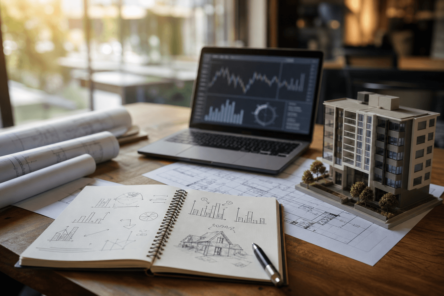 Strategie-Setup: Notizbuch mit Strategie-Skizze, Laptop mit Charts, Modell eines Wohnhauses und Bauplänen auf einem Holztisch