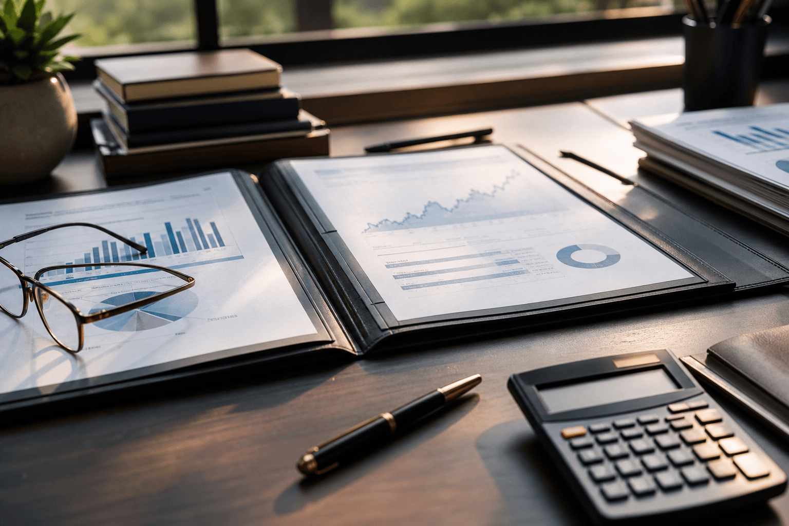 Geöffneter Finanzplan-Ordner mit Diagrammen, Kalkulationen, Stift, Brille und Taschenrechner auf Holztisch