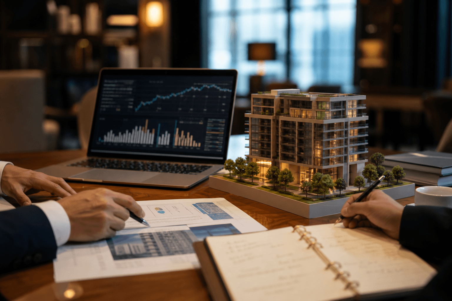 Strategische Beratung – Investmentplan, Modellhaus und Unterlagen auf Schreibtisch in modernem Büro