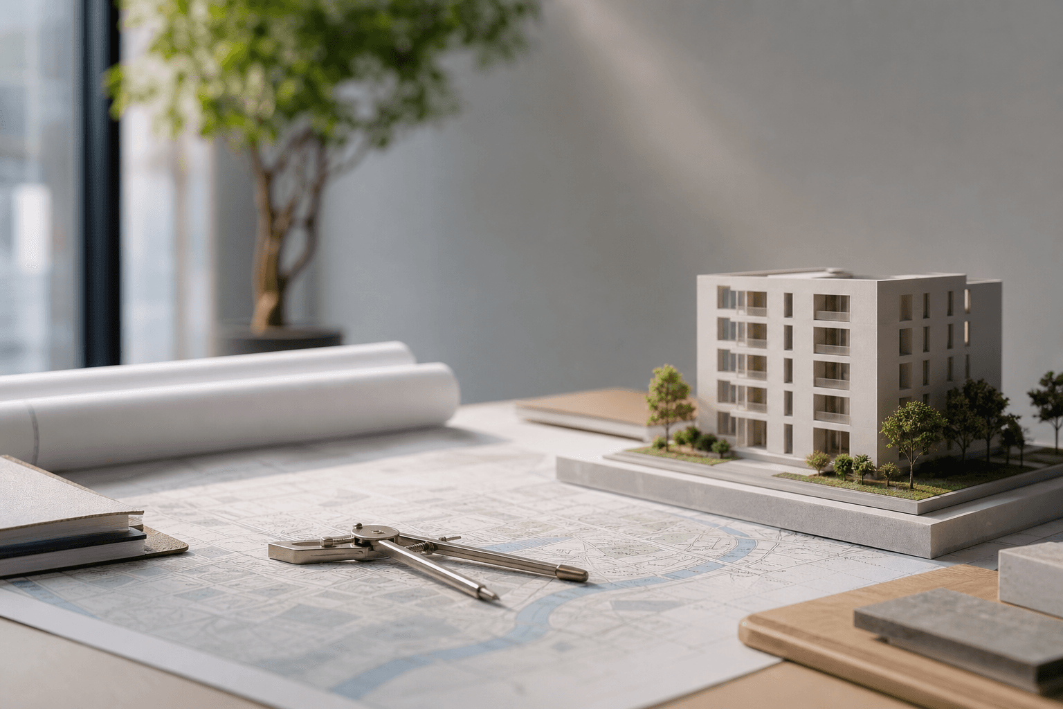Strategische Immobilienplanung – Beraterin am Schreibtisch mit Bauplänen und Modellhaus